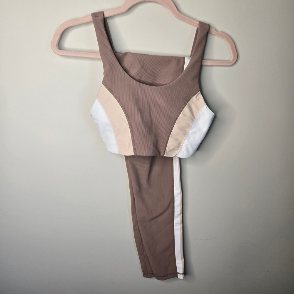 WILO Melbourne Ribbed Activewear Set Mauve Colorblock Sports Bra Leggings Small - Picture 2 of 16